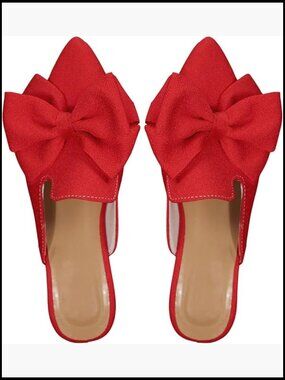 Pointed Toe Bow Mules Backless Loafers Flat Slides Casual Chic Work Shoes